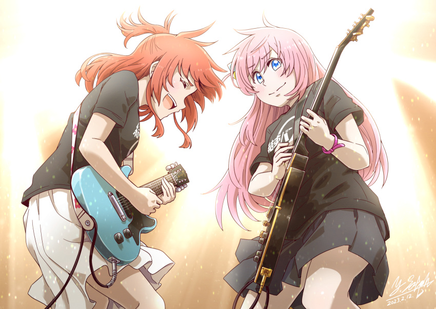 artist_logo black_shirt black_skirt blue_eyes bocchi_the_rock! closed_eyes closed_mouth commentary cube_hair_ornament dated electric_guitar gotou_hitori guitar hair_ornament highres holding holding_instrument instrument kita_ikuyo leaning_forward light_particles long_hair medium_hair miniskirt music one_side_up open_mouth pink_hair playing_instrument pleated_skirt print_shirt redhead satou_yasu shirt short_sleeves signature skirt smile t-shirt white_skirt