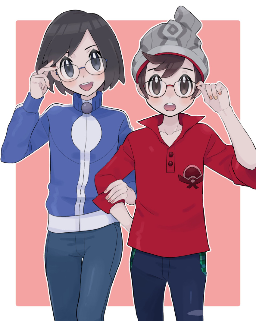 2boys :d adjusting_eyewear beanie bespectacled blue_jacket brown_eyes brown_hair buttons calem_(pokemon) collarbone collared_shirt commentary_request glasses grey_headwear hand_up hat highres holding_another's_arm jacket long_sleeves looking_at_viewer male_focus multiple_boys nail_polish open_mouth outline pants pink_nails plaid pokemon pokemon_(game) pokemon_swsh pokemon_xy red_shirt sana_(37pisana) shirt short_hair smile teeth turtleneck turtleneck_jacket upper_teeth_only victor_(pokemon) zipper_pull_tab