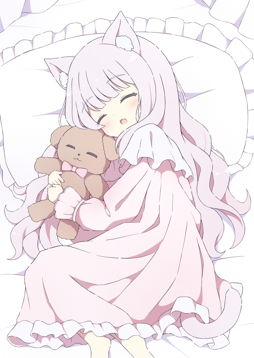 1girl ^_^ animal_ears cat_ears cat_girl cat_tail closed_eyes doll_hug frills highres long_hair long_sleeves lying nightgown object_hug on_side open_mouth original pillow pink_hair pink_nightgown sleeping stuffed_animal stuffed_toy tail teddy_bear tyakomes