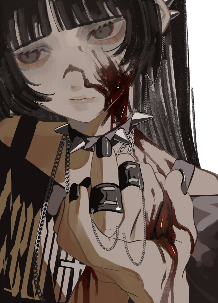 1girl :/ band_shirt black_eyes black_hair black_nails black_shirt blood blood_on_arm blood_on_face blood_on_hands blunt_bangs chain_necklace closed_mouth collar half-closed_eyes hands_up highres jewelry lips long_hair looking_to_the_side merchandise multicolored_eyes necklace off-shoulder_shirt off_shoulder original own_hands_together red_eyes shirt simple_background sirayukisiu solo spaghetti_strap spiked_collar spiked_ear_piercing spikes unamused upper_body white_background