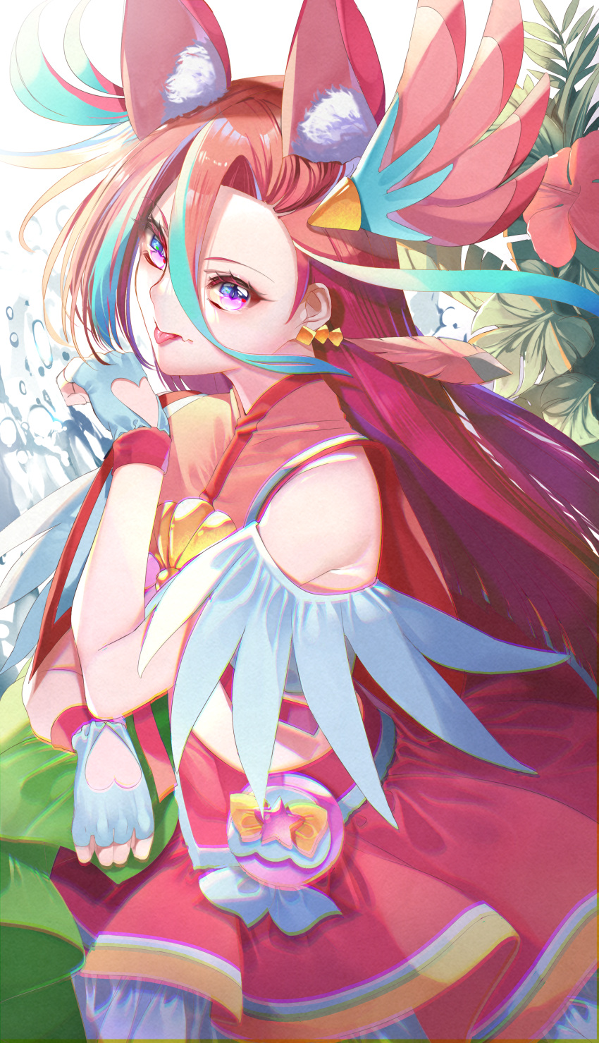 1girl :p absurdres animal_ears blue_hair cat_ears closed_mouth clothing_cutout commentary cropped_shirt cure_flamingo earrings fake_animal_ears feather_earrings feathers fingerless_gloves gloves hair_between_eyes heart_cutout highres jewelry long_hair looking_at_viewer magical_girl midriff miniskirt multicolored_hair pouch precure red_shirt red_skirt redhead shell_brooch shirt skirt sleeveless sleeveless_shirt smile solo star_(symbol) takizawa_asuka tongue tongue_out triangle_earrings tropical-rouge!_precure two-tone_hair very_long_hair violet_eyes water_drop white_gloves yuutarou_(fukiiincho)