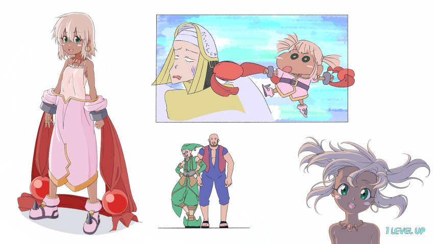 1girl 3boys bangle bare_shoulders blush_stickers bracelet crayon_shin-chan dark-skinned_female dark_skin earrings green_eyes highres jewelry kaien_advance long_hair looking_at_viewer multiple_boys necklace open_mouth short_hair simple_background smile souffle_rosetti star_ocean star_ocean_till_the_end_of_time twintails usui_yoshito_(style) weapon white_background white_hair