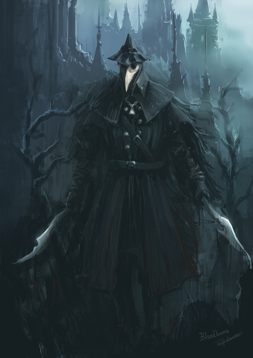 1girl artist_name bare_tree belt black_belt black_capelet black_footwear black_headwear blade_of_mercy bloodborne boots buttons capelet cloak coat copyright_name eileen_the_crow facing_viewer feather-trimmed_coat hat highres holding holding_weapon long_coat long_sleeves mask night outdoors plague_doctor_mask solo standing sword tree tripdancer weapon