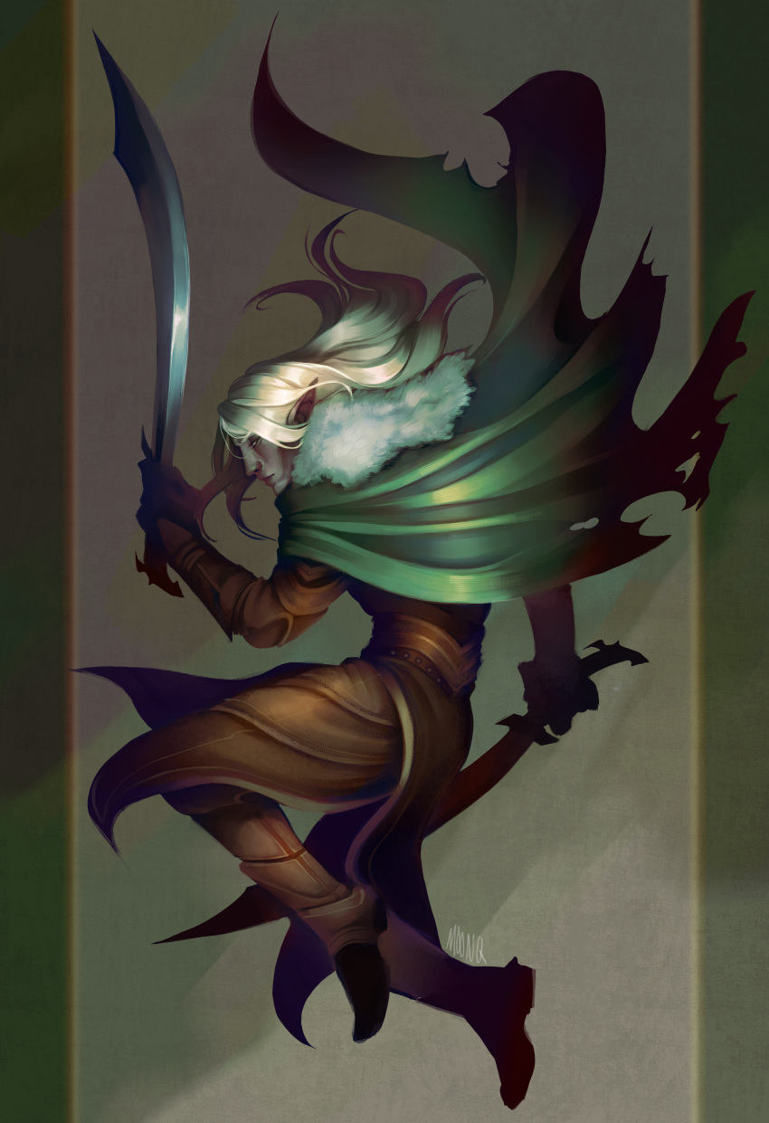 1boy absurdres blonde_hair brown_gloves brown_shirt cape closed_mouth colored_skin dark_elf drizzt_do'urden dungeons_and_dragons elbow_gloves elf fur_trim gloves green_cape grey_skin highres holding holding_sword holding_weapon long_hair looking_at_viewer male_focus moonq pointy_ears shirt signature solo_focus sword torn_cape torn_clothes weapon