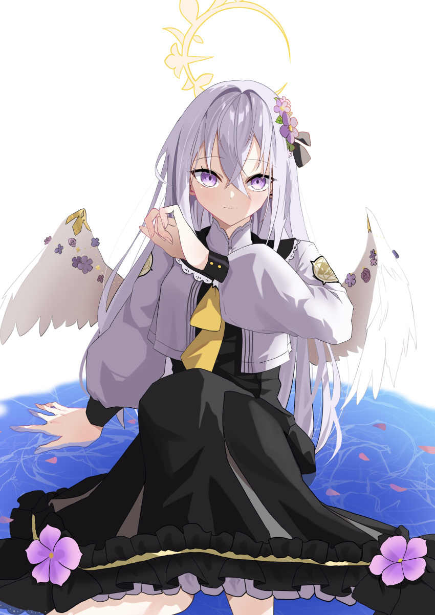 1girl absurdres angel_wings arm_support azusa_(blue_archive) black_dress blue_archive commentary_request dress feathered_wings flower hair_between_eyes hair_flower hair_ornament halo highres knee_up long_hair long_sleeves looking_at_viewer school_uniform serafuku sidelocks simple_background sitting solo somu_(user_vmry8728) violet_eyes white_hair white_wings wings