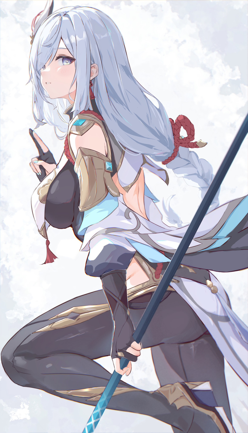 1girl absurdres black_bodysuit blue_eyes blue_nails bodysuit clothing_cutout from_side genshin_impact grey_hair hair_ornament hand_up highres hip_vent holding holding_polearm holding_weapon long_hair looking_at_viewer looking_to_the_side nail_polish parted_lips polearm shenhe_(genshin_impact) shoulder_cutout solo thighs weapon yukizakuro