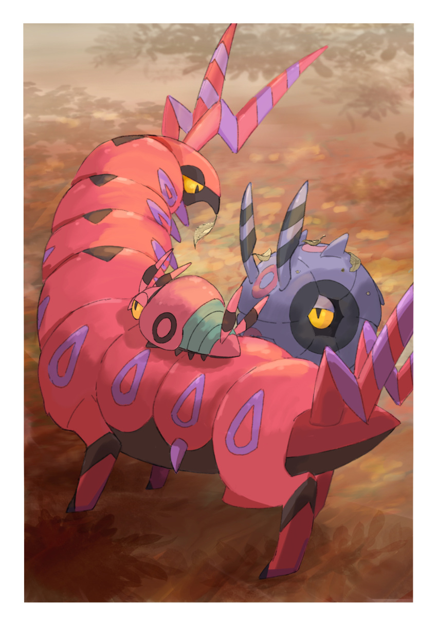 border commentary_request day evolutionary_line highres horns leaf looking_down momota_pix no_humans outdoors pokemon pokemon_(creature) scolipede standing venipede whirlipede white_border yellow_eyes