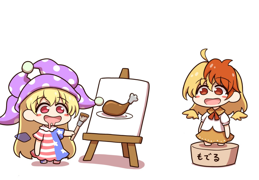 2girls ahoge american_flag_dress bird_wings blonde_hair blush_stickers canvas_(object) clownpiece detached_wings dress drooling fairy fairy_wings feathered_wings hat highres holding holding_paintbrush jester_cap long_hair mouth_drool multicolored_hair multiple_girls niwatari_kutaka open_mouth orange_dress paintbrush polka_dot polka_dot_headwear purple_headwear red_eyes redhead shirt shitacemayo short_hair short_sleeves simple_background smile striped striped_dress touhou two-tone_hair white_background white_shirt wings yellow_wings