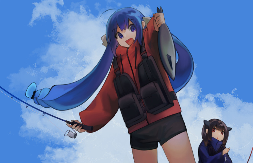 2girls ahoge alternate_costume animal black_shorts blade blue_eyes blue_hair blue_jacket blue_sky blunt_bangs brown_hair clouds commentary_request cowboy_shot day dutch_angle fang fish fishing fishing_line fishing_rod hair_ribbon hakumai_(vnbnvnn) headgear high_collar highres holding holding_animal holding_fish holding_fishing_rod jacket life_vest long_hair long_sleeves looking_at_another looking_at_viewer low_twintails multiple_girls open_mouth otomachi_una outdoors parka red_eyes red_jacket ribbon short_shorts shorts skin_fang sky smile touhoku_kiritan twintails very_long_hair vocaloid voiceroid white_ribbon