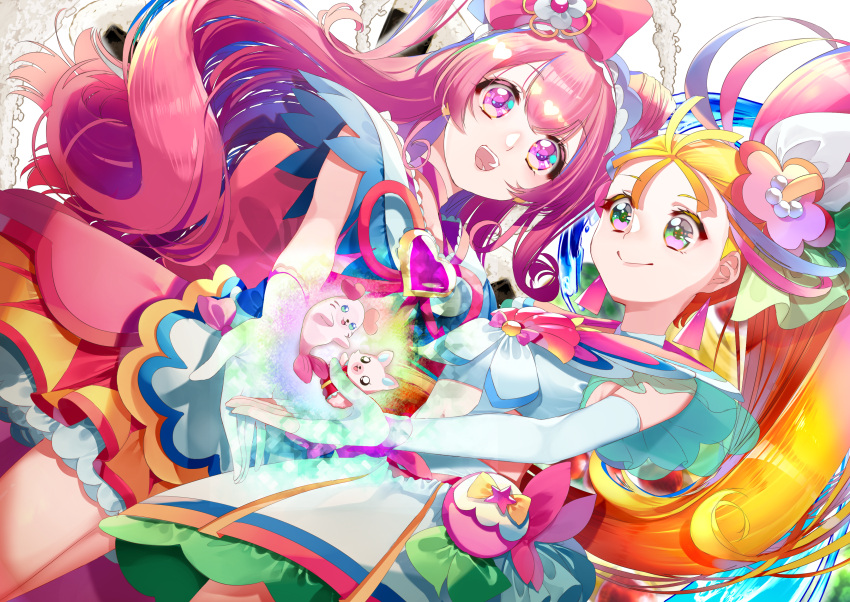 2girls absurdres apron back_bow bow brooch choker closed_mouth commentary cone_hair_bun cropped_shirt cure_precious cure_summer delicious_party_precure double_bun dress dutch_angle earrings elbow_gloves flower frilled_hairband frills gloves hair_bow hair_bun hair_flower hair_ornament hair_ribbon hairband heart_brooch highres huge_bow jewelry kome-kome_(precure) kururun_(precure) long_hair looking_at_viewer magical_girl midriff miniskirt multiple_girls open_mouth orange_hair pink_choker pink_dress pink_eyes pink_hair pleated_skirt pouch precure red_bow ribbon series_connection shirt short_dress side-by-side side_ponytail skirt sleeveless sleeveless_dress sleeveless_shirt smile standing tropical-rouge!_precure two_side_up very_long_hair violet_eyes waist_apron white_gloves white_ribbon white_shirt white_skirt yuutarou_(fukiiincho)