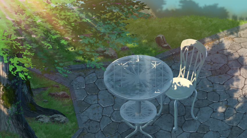 absurdres chair day glass_table grass highres leaf moss no_humans original outdoors scenery shadow sumassha_t_t table tree