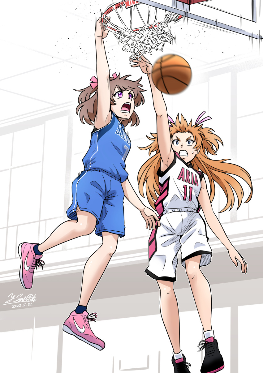 2girls absurdres arm_up artist_name basketball basketball_hoop basketball_jersey basketball_uniform black_footwear black_socks blue_shirt blue_shorts brown_hair commentary dated delicious_party_precure frown grimace hair_ribbon highres houjou_hibiki jumping long_hair medium_hair motion_blur multiple_girls pink_footwear pink_ribbon precure ribbon satou_yasu series_connection shirt shoes shorts signature slam_dunk_(basketball) sleeveless sleeveless_shirt sneakers socks sportswear suite_precure sweatdrop two_side_up v-shaped_eyes violet_eyes white_shirt white_shorts white_socks