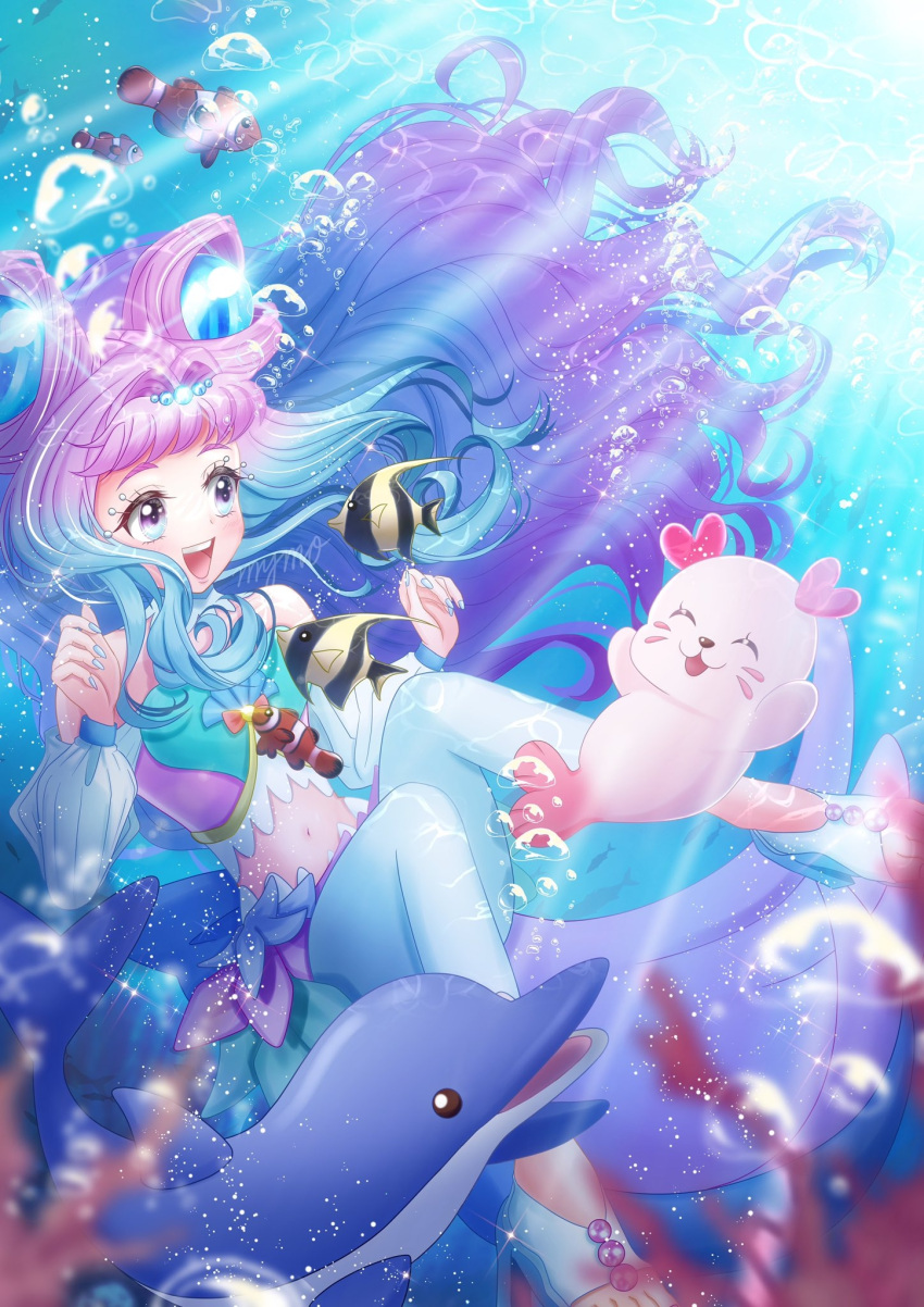 1girl :d angelfish bare_shoulders blue_hair blue_nails blurry blush bubble caustics closed_eyes clownfish coral cure_la_mer depth_of_field detached_collar dolphin eyelash_ornament fish from_side gradient_hair hands_up high_heels highres kururun_(precure) laura_la_mer leggings light_rays long_hair looking_at_animal magical_girl midriff multicolored_eyes multicolored_hair mymo0527 navel pearl_hair_ornament pink_hair precure shell_brooch shoes signature smile sparkle teeth toeless_footwear tropical-rouge!_precure underwater upper_teeth_only very_long_hair white_leggings white_sleeves