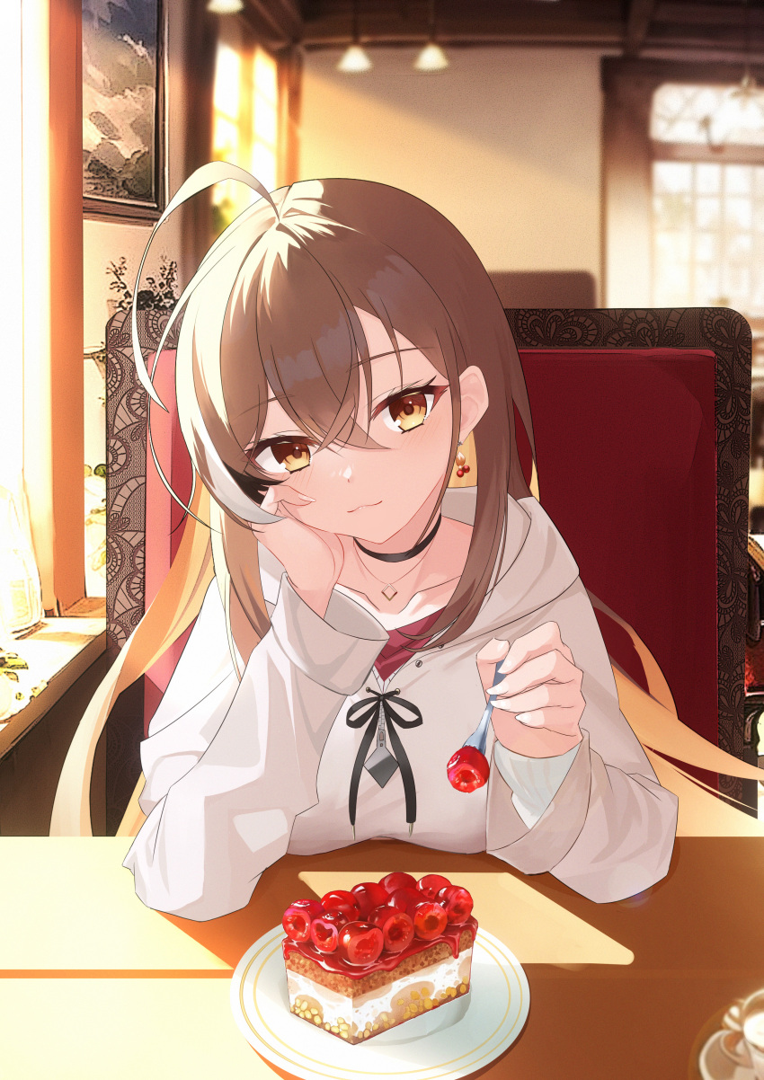 1girl :3 absurdres ahoge berry black_choker brown_eyes brown_hair brown_hoodie cafe cake choker cup earrings food fork head_rest highres hololive hololive_english hood hoodie incoming_food jewelry jiang_ye_kiri long_hair looking_at_viewer multicolored_hair nail_art nail_polish nanashi_mumei necklace official_alternate_costume oversized_clothes picture_(object) picture_frame plant plate potted_plant pov red_shirt runes shirt strawberry_shortcake streaked_hair sweater table teacup virtual_youtuber white_sweater window zipper