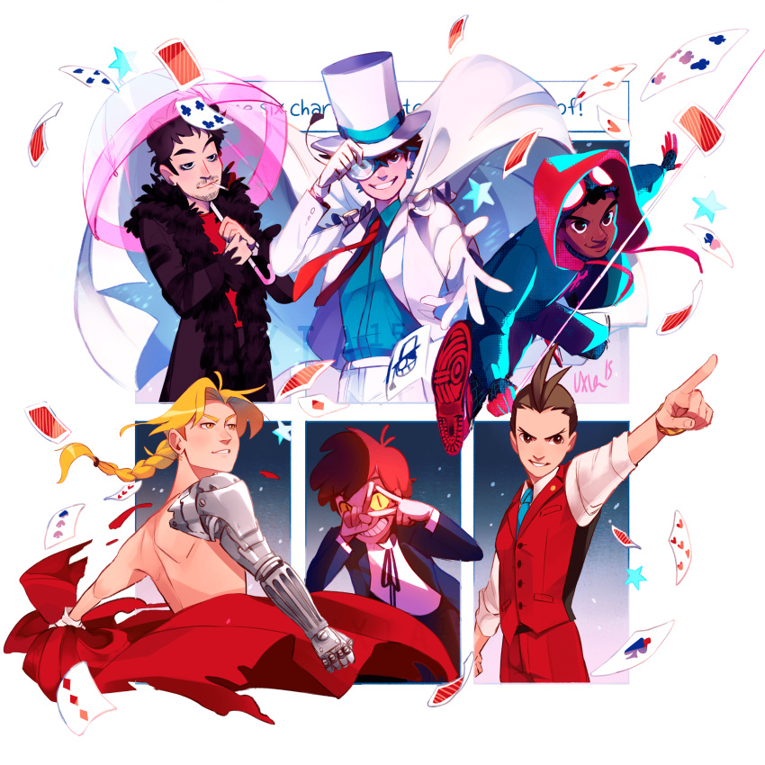 6+boys absurdres ace ace_attorney adjusting_clothes adjusting_headwear antenna_hair apollo_justice apollo_justice:_ace_attorney bill_cipher black_hair blonde_hair blue_necktie blue_shirt bodysuit bodysuit_under_clothes braid braided_ponytail brown_eyes brown_hair cape card cigarette coat collared_shirt crossover dark-skinned_male dark_skin dipper_pines dress_shirt edward_elric eyewear_on_head falling_card forked_eyebrows formal fullmetal_alchemist gloves glowing glowing_eyes gravity_falls grin hat highres holding holding_umbrella hood hooded_bodysuit joker_(card) kaitou_kid klaus_hargreeves long_hair long_sleeves looking_at_viewer magic_kaito magician male_focus marvel mechanical_arms meitantei_conan midair miles_morales monocle monocle_chain multiple_boys multiple_crossover multiple_drawing_challenge necktie own_hands_together pants pink_umbrella playing_card prosthesis red_coat red_necktie red_pants red_vest shirt shoes short_hair silk single_mechanical_arm six_fanarts_challenge sleeves_rolled_up slit_pupils smile smoking sneakers spider-man:_into_the_spider-verse spider-man_(series) spider_web star_(symbol) suit superhero the_umbrella_academy top_hat transparent transparent_umbrella triangle umbrella upper_body uxialovegood vest white_cape white_gloves white_headwear white_pants white_shirt white_suit yellow_eyes
