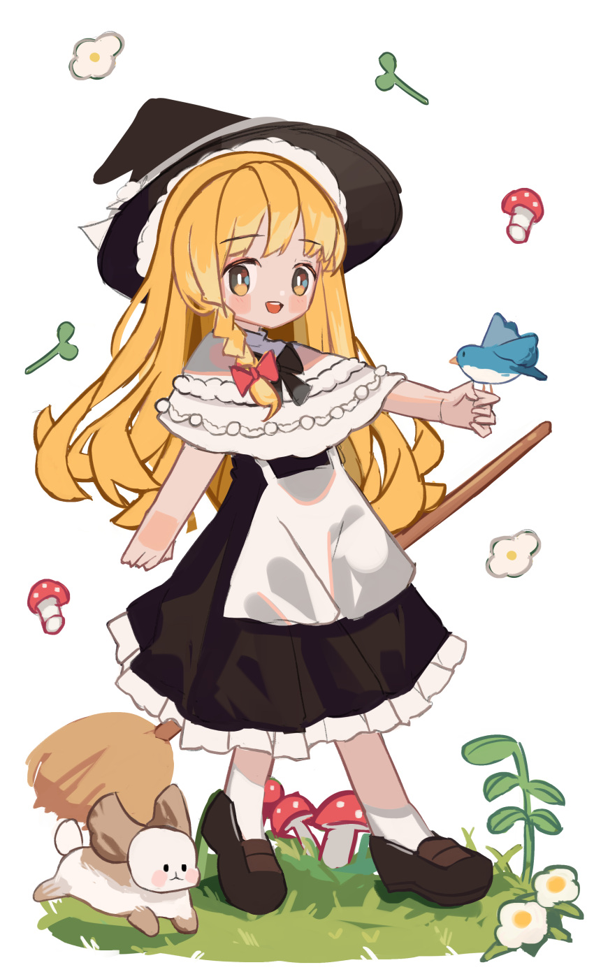 1girl absurdres adapted_costume animal apron bird bird_on_hand black_dress black_headwear blonde_hair blue_bird braid broom brown_footwear capelet clynxen dress flower frilled_dress frills full_body grass hat highres kirisame_marisa long_hair looking_at_viewer mushroom open_mouth shoes single_braid socks solo teeth touhou upper_teeth_only white_apron white_background white_capelet white_flower white_socks witch_hat yellow_eyes