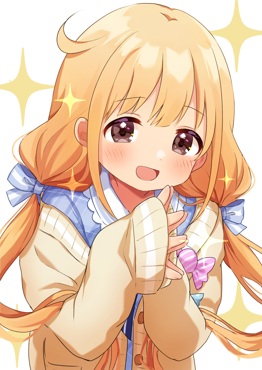 1girl absurdres blonde_hair blue_dress blush cardigan dress futaba_anzu hair_ribbon highres idolmaster idolmaster_cinderella_girls kahiika looking_at_viewer own_hands_together ribbon shirt simple_background sleeves_past_wrists smile solo sparkle twintails upper_body white_background yellow_cardigan