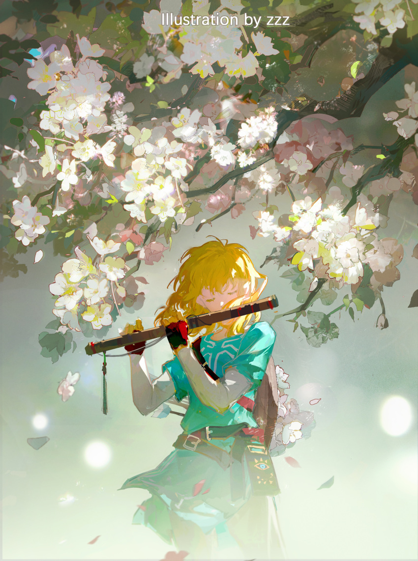 1boy absurdres blue_tunic closed_eyes fingerless_gloves flute gloves highres instrument light_brown_hair link music nature petals playing_instrument sheikah_slate solo the_legend_of_zelda the_legend_of_zelda:_breath_of_the_wild tree zzz_(orchid-dale)
