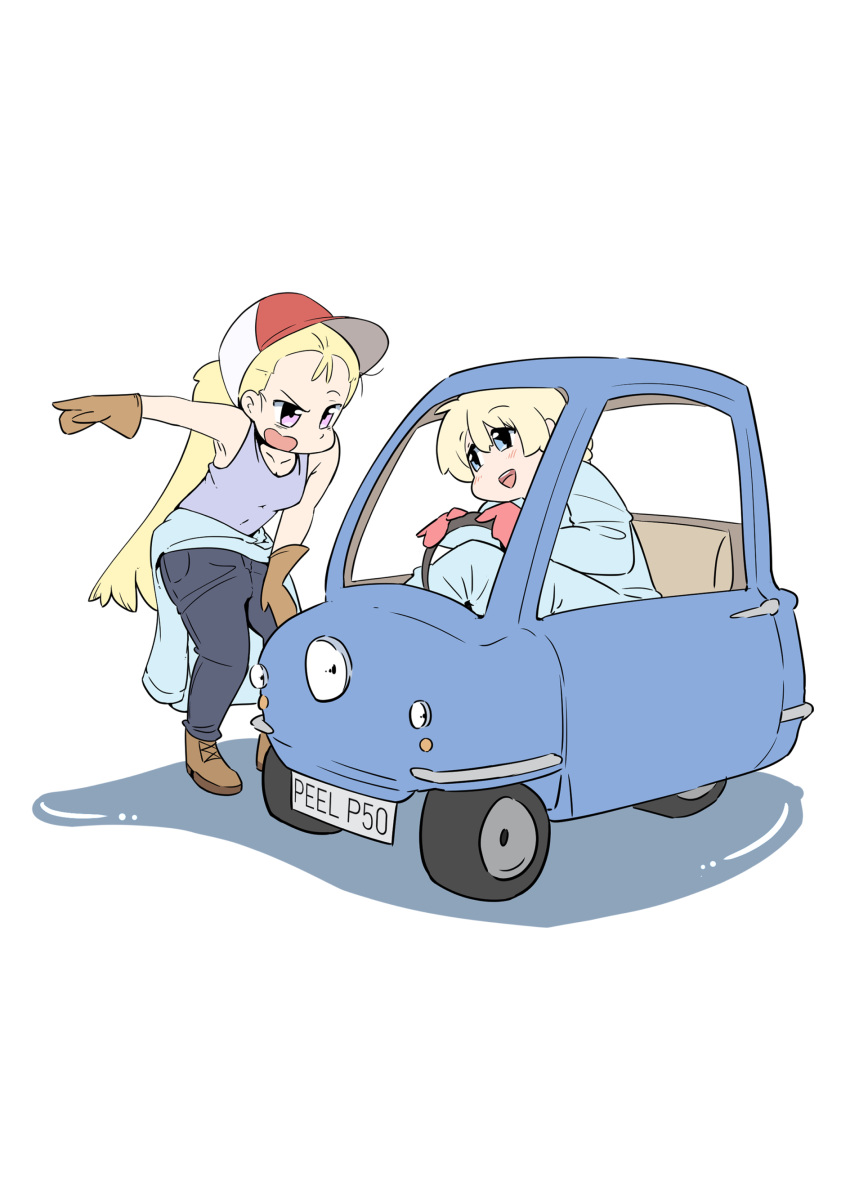 2girls absurdres assam_(girls_und_panzer) baseball_cap blonde_hair blue_eyes blue_jumpsuit blue_pants blue_tank_top braid brown_footwear brown_gloves car casual chibi clothes_around_waist commentary darjeeling_(girls_und_panzer) driving english_commentary frown girls_und_panzer gloves hair_pulled_back hand_on_own_thigh hat highres jumpsuit leaning_forward long_hair looking_at_another motor_vehicle multiple_girls open_mouth pants peel_p50 pink_gloves pointing red_headwear shoes short_hair simple_background smile standing tank_top trollzamahd white_background