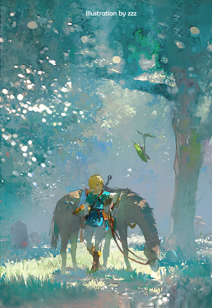 absurdres blue_eyes blue_tunic dappled_sunlight forest grass highres horse korok leaning light_brown_hair link nature scenery sunlight sword sword_on_back the_legend_of_zelda the_legend_of_zelda:_breath_of_the_wild tree weapon weapon_on_back wide_shot zzz_(orchid-dale)