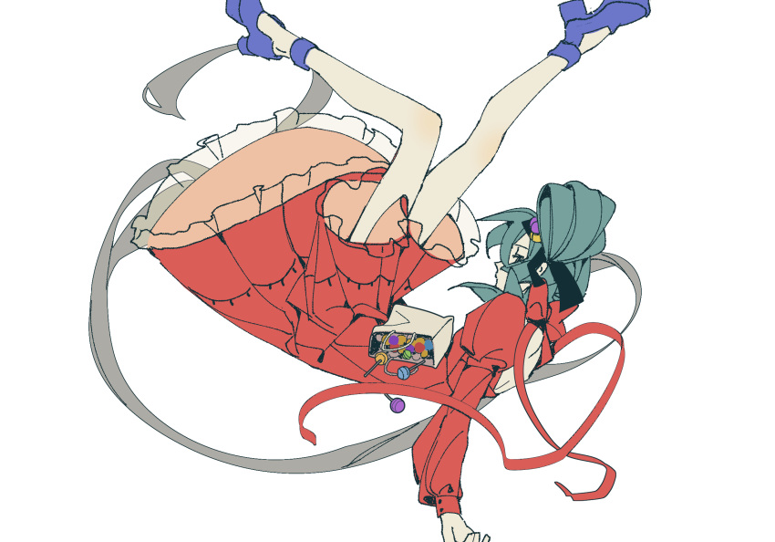1girl absurdly_long_hair anklet aqua_hair asymmetrical_hair back_cutout bag bare_back black_ribbon blue_footwear candy chi_ya closed_mouth clothing_cutout dress expressionless falling folded_ponytail food frilled_dress frills from_side hair_ribbon hatsune_miku highres jaggy_lines jewelry juliet_sleeves knee_blush leg_up lollipop long_hair long_sleeves looking_at_viewer platform_footwear platform_heels profile psi_(vocaloid) puffy_sleeves red_dress ribbon sideways_glance simple_background sleeve_cuffs solo very_long_hair vocaloid white_background