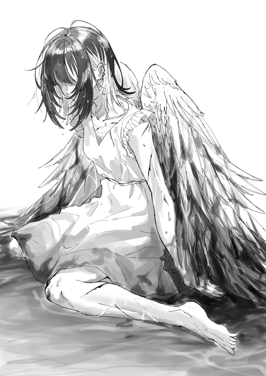 1girl absurdres angel_wings barefoot breasts commentary dress feathered_wings greyscale hair_over_eyes highres idolmaster idolmaster_shiny_colors ikaruga_luca medium_dress monochrome multicolored_hair nayuta_ggg sitting small_breasts solo two-tone_hair wariza water wet wings