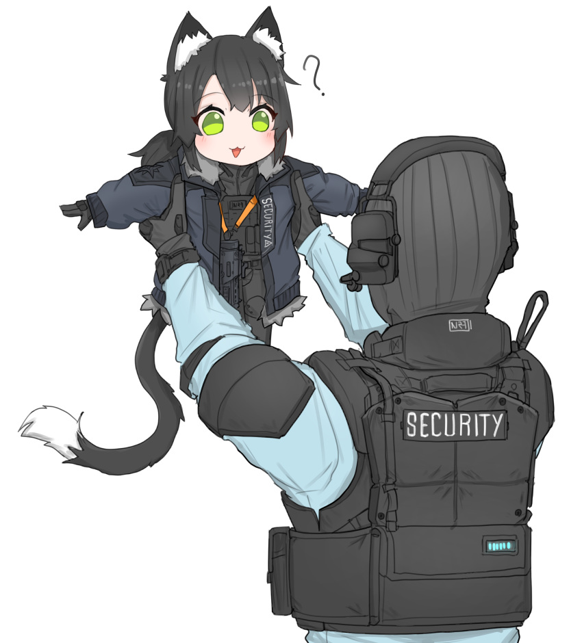 1boy 1girl :3 ? absurdres animal_ear_fluff animal_ears balaclava black_gloves black_hair blue_shirt bulletproof_vest cat_ears cat_girl cat_tail chibi english_commentary gloves green_eyes grey_jacket headset height_difference highres jacket lifting_person medium_hair military military_uniform open_clothes open_jacket original outstretched_arms ponytail shirt simple_background smile soldier spread_arms srtdrawart tactical_clothes tail uniform white_background