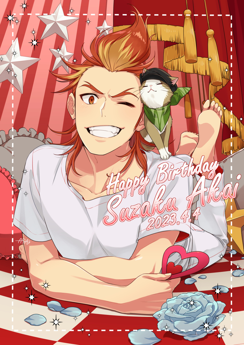 1boy 2023 absurdres akai_suzaku animal_on_shoulder barefoot cat cat_on_shoulder flower fukai_(yas_lions) happy_birthday heart highres holding holding_heart idolmaster idolmaster_side-m lying male_focus multicolored_hair nyako_(idolmaster) on_stomach one_eye_closed orange_eyes orange_hair pants petals pillow redhead scar shirt smile soles streaked_hair teeth toes white_pants white_shirt