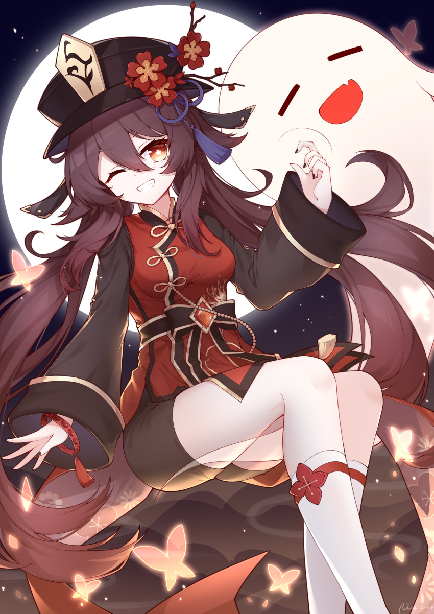 1girl ;d absurdres ass black_shorts boo_tao_(genshin_impact) brown_hair chinese_clothes commentary_request flower full_moon genshin_impact ghost hair_between_eyes hat hat_flower hat_ornament highres hu_tao_(genshin_impact) hu_tao_(sweets_paradise)_(genshin_impact) kneehighs long_hair long_sleeves looking_at_viewer moon night night_sky official_alternate_costume one_eye_closed orange_eyes poinia porkpie_hat riding short_shorts shorts sidelocks sitting sky smile socks star_(sky) starry_sky symbol-shaped_pupils twintails vision_(genshin_impact) white_socks wide_sleeves