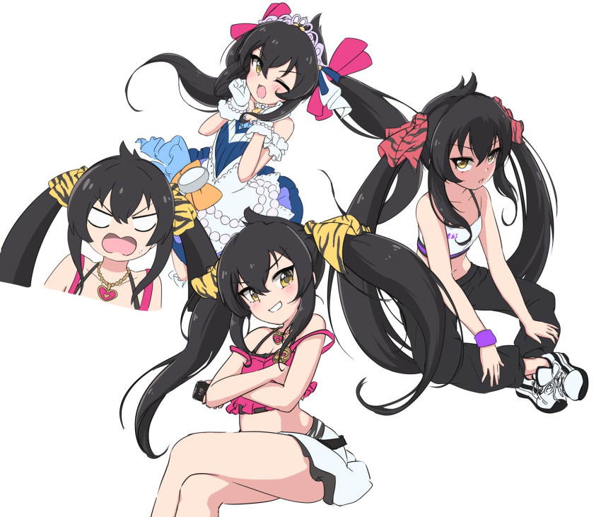 animal_print black_hair black_pants blank_eyes blush botda clenched_hands collarbone commentary_request crop_top crossed_arms crossed_legs dress gloves hair_ribbon hands_up heart heart_necklace highres holding holding_phone idolmaster idolmaster_cinderella_girls idolmaster_cinderella_girls_u149 invisible_chair jewelry legs long_hair looking_at_viewer matoba_risa midriff multiple_views navel necklace one_eye_closed open_mouth pants phone pink_shirt purple_wristband ribbon shirt sidelocks sideways_glance sitting skirt smile sportswear starry_sky_bright_(idolmaster) strap_slip strapless strapless_dress sweat thighs tiara twintails upper_body v-shaped_eyebrows white_background white_dress white_footwear white_gloves white_shirt white_skirt yellow_eyes