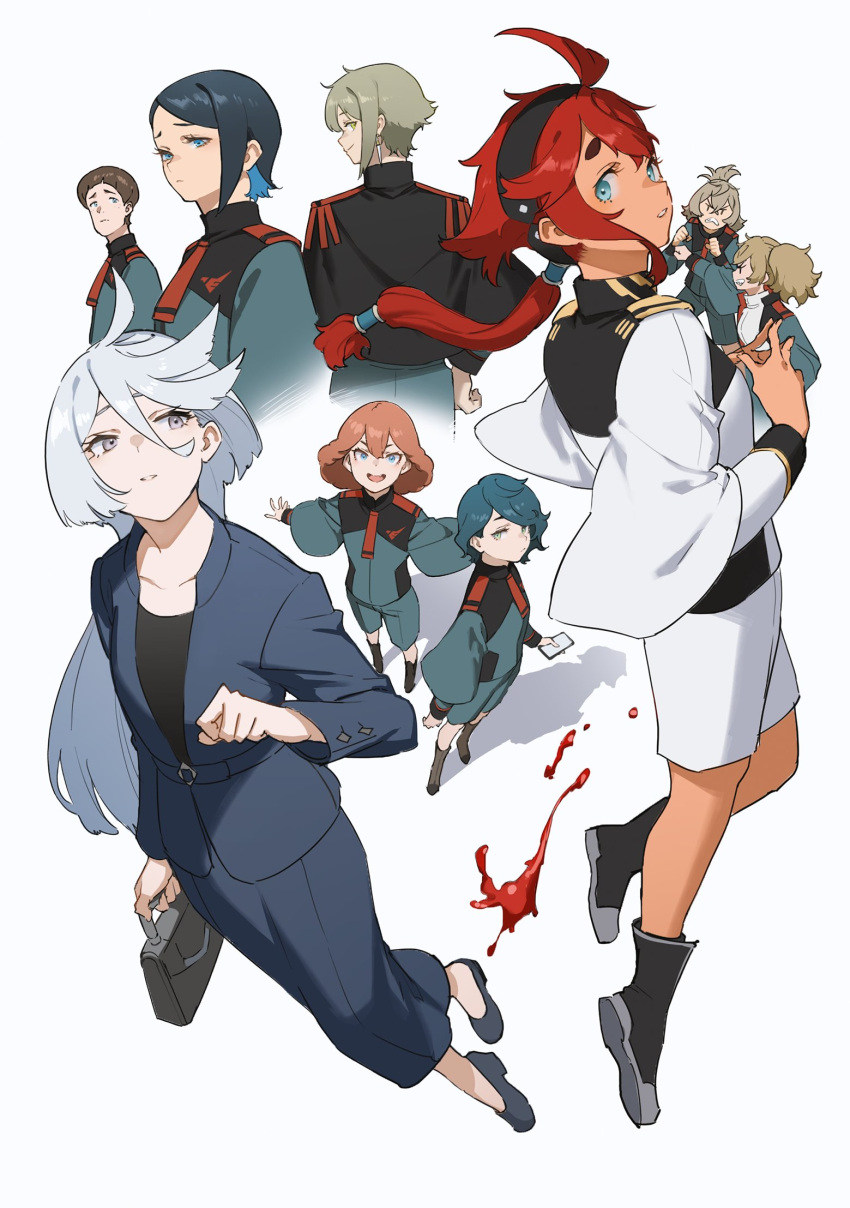 2boys 6+girls ahoge angry asticassia_school_uniform asymmetrical_shorts black_hair blood blue_eyes brown_eyes brown_hair business_suit capelet elan_ceres felsi_rollo formal full_body grey_eyes gundam gundam_suisei_no_majo hairband highres long_hair martin_upmont miorine_rembran mogumo multiple_boys multiple_girls nika_nanaura norea_du_noc office_lady official_art parted_lips ponytail redhead renee_costa school_uniform short_hair simple_background skirt skirt_suit sophie_pulone spoilers suit suletta_mercury thick_eyebrows white_background white_hair