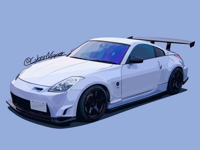 absurdres blue_background car cybernipper highres motor_vehicle nissan nissan_350z nissan_fairlady_z no_humans original shadow simple_background spoiler_(automobile) sports_car twitter_username vehicle_focus