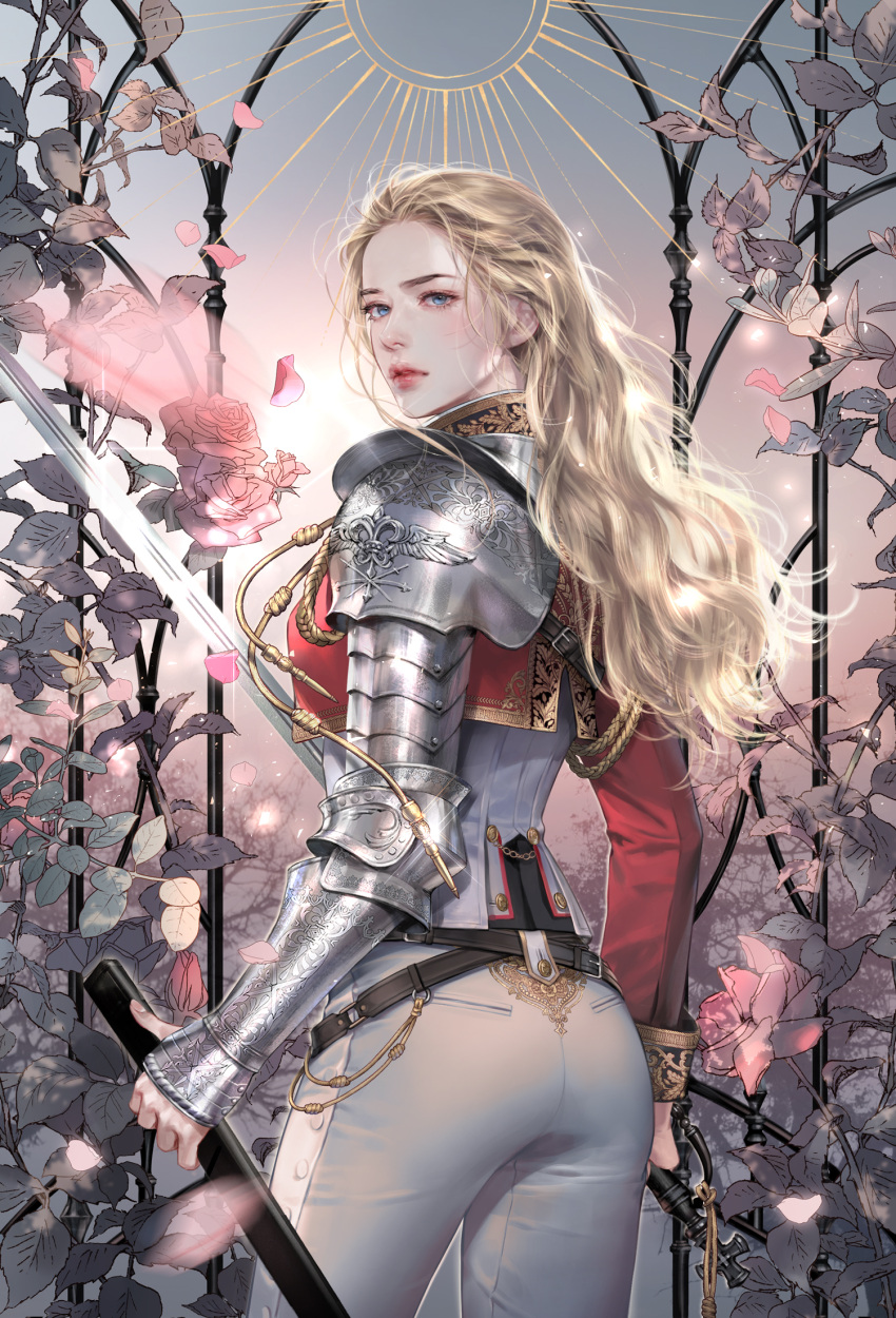 1girl armor blonde_hair blue_eyes commentary elpenlit english_commentary falling_petals flower from_behind glint highres holding holding_sheath holding_sword holding_weapon knight lips long_hair long_sleeves looking_at_viewer looking_back original pants petals pink_flower pink_rose plant rose sheath shoulder_armor sword unsheathed weapon