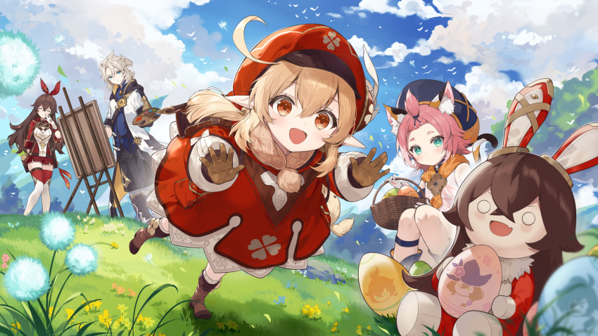 1boy 3girls albedo_(genshin_impact) amber_(genshin_impact) animal_ear_fluff animal_ears baron_bunny_(genshin_impact) basket blue_sky brown_gloves brown_hair brown_scarf brown_shorts cabbie_hat canvas_(object) cat_ears cat_girl clouds clover_print coat crossed_bangs dandelion diona_(genshin_impact) easter easter_egg egg flower genshin_impact gloves goggles goggles_around_neck grass hair_ribbon hat hat_feather hat_ornament highres holding holding_palette hooded_coat klee_(genshin_impact) light_brown_hair low_twintails multiple_girls necomi o_o open_mouth outdoors paint palette_(object) pink_hair pointy_ears red_coat red_headwear red_ribbon red_thighhighs ribbon scarf scenery short_shorts shorts sky stuffed_animal stuffed_rabbit stuffed_toy thick_eyebrows thigh-highs twintails white_coat