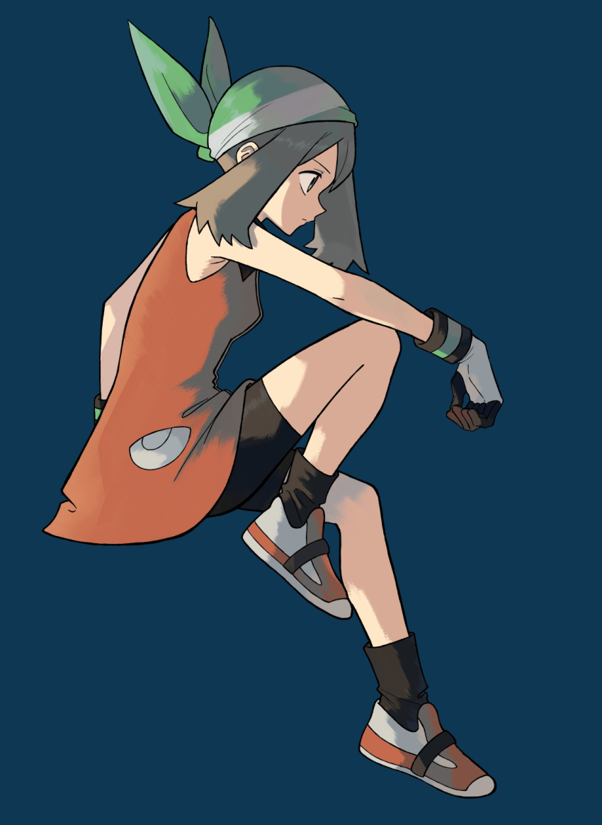 1girl bandana bare_arms blue_background brown_hair closed_mouth dress from_side full_body gloves green_bandana highres ittumozzz leg_up looking_down may_(pokemon) medium_hair orange_dress orange_footwear pokemon pokemon_(game) pokemon_emerald pokemon_rse shoes short_dress shorts sleeveless sleeveless_dress socks solo white_gloves