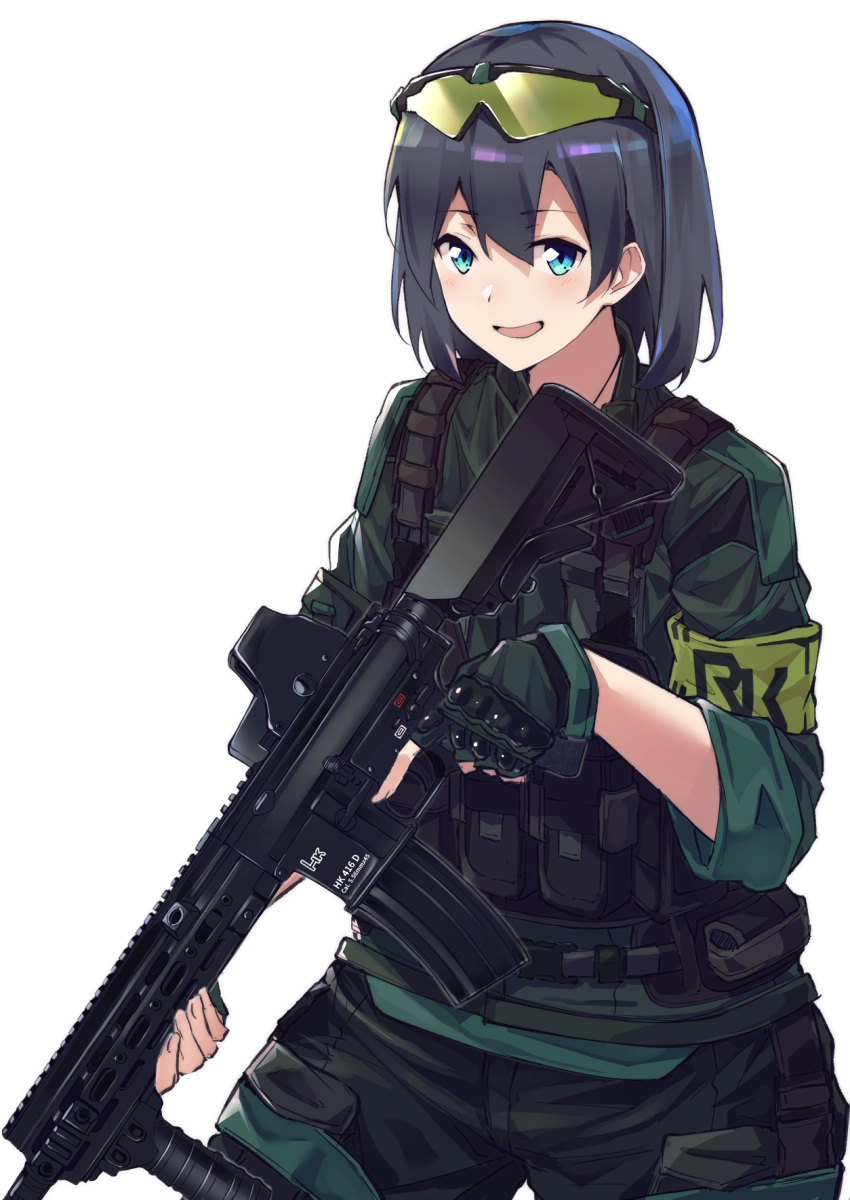 1girl :d armband assault_rifle black_hair blue_eyes blush commentary_request eyewear_on_head fingerless_gloves flugel_(kaleido_scope-710) gloves green_armband green_gloves green_shirt gun h&amp;k_hk416 heckler_&amp;_koch highres holding holding_gun holding_weapon load_bearing_vest long_sleeves looking_at_viewer medium_hair open_mouth original rifle shirt simple_background smile solo sunglasses vest weapon white_background