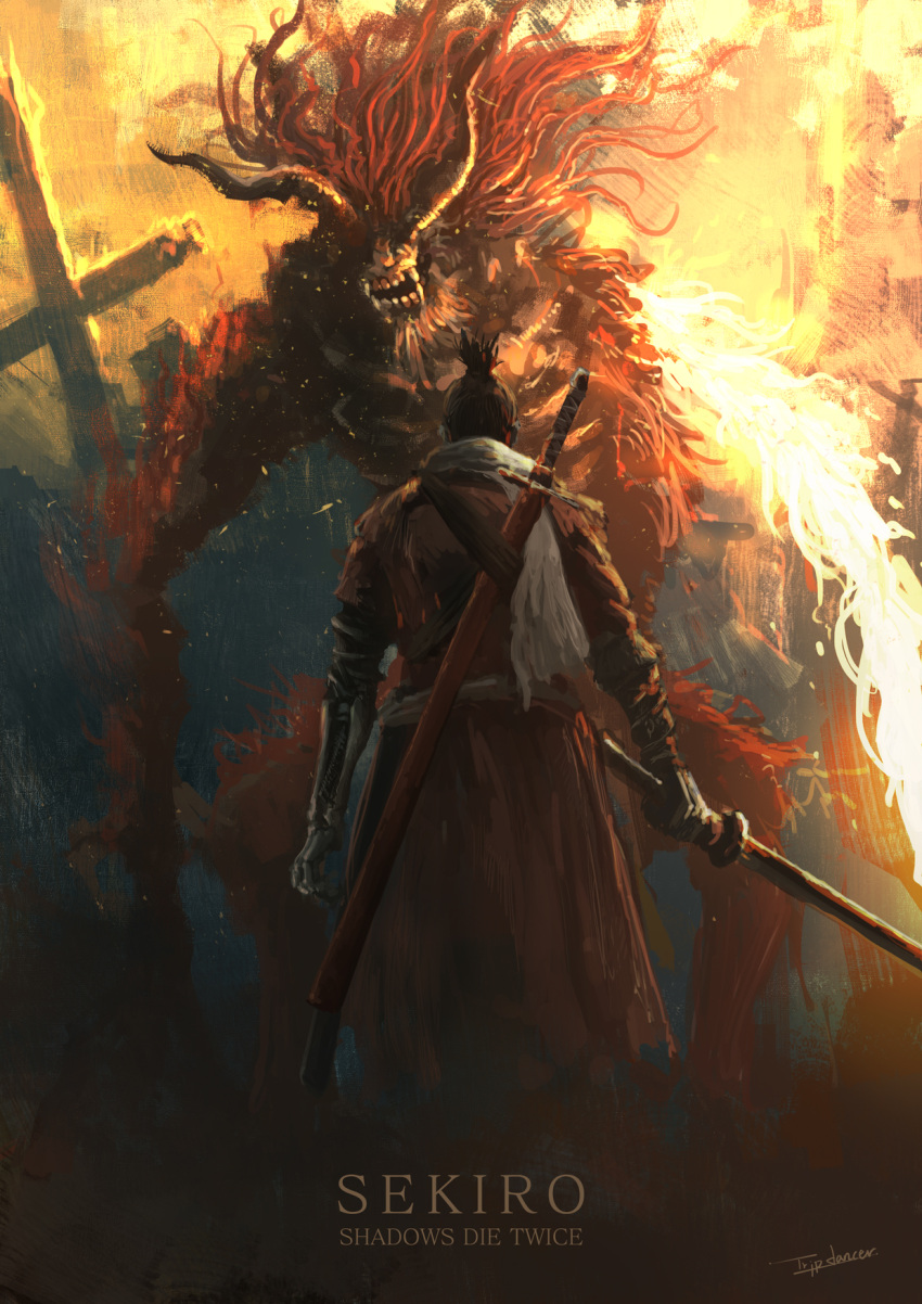 1boy artist_name black_hair character_name copyright_name cross demon_of_hatred fire from_behind highres holding holding_sword holding_weapon horns long_hair looking_at_another monster redhead sekiro sekiro:_shadows_die_twice sharp_teeth short_hair sword teeth tripdancer weapon