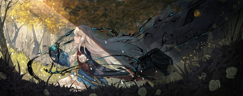 1girl absurdres brown_eyes cape darkness dragon fairy_knight_lancelot_(fate) fate/grand_order fate_(series) flower forest gauntlets highres kneeling lankuchashuangjielong long_hair nature rose thigh-highs white_flower white_hair white_rose