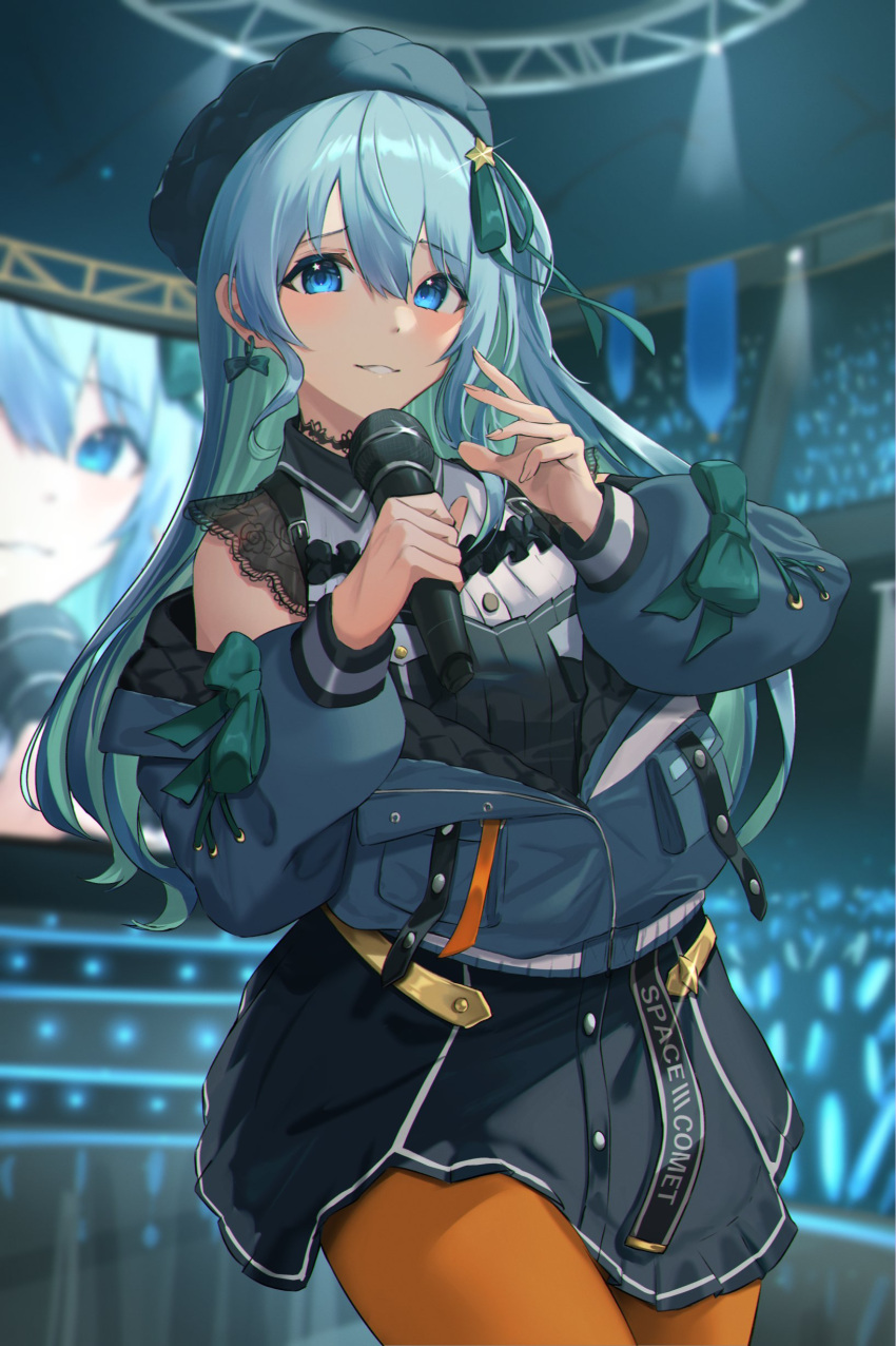 1girl absurdres belt beret blue_eyes blue_hair blurry blurry_background bow bow_earrings choker concert cowboy_shot earrings glint hair_ornament hair_ribbon hands_up hat highres hololive hoshimachi_suisei idol indoors jacket jewelry long_hair looking_at_viewer microphone mono_1010 off_shoulder official_alternate_costume orange_pantyhose pantyhose parted_lips penlight raised_eyebrows ribbon screen solo stage stage_lights star_(symbol) star_hair_ornament star_in_eye symbol_in_eye virtual_youtuber