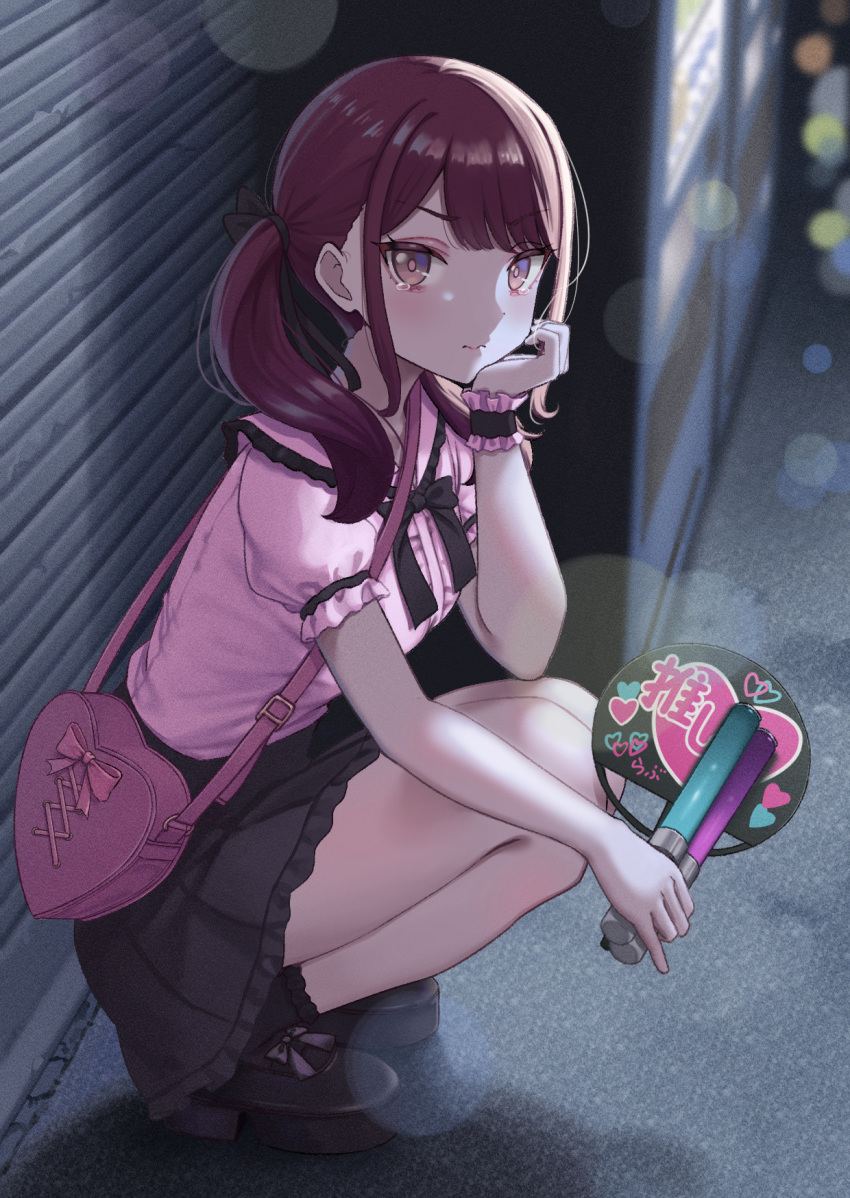1girl bag closed_mouth crying crying_with_eyes_open frown glowstick hand_fan hand_on_own_chin handbag highres jirai_kei long_hair looking_at_viewer original outdoors redhead shirt short_sleeves skirt squatting tears temakizushi_(temakizushisand) twintails yellow_eyes