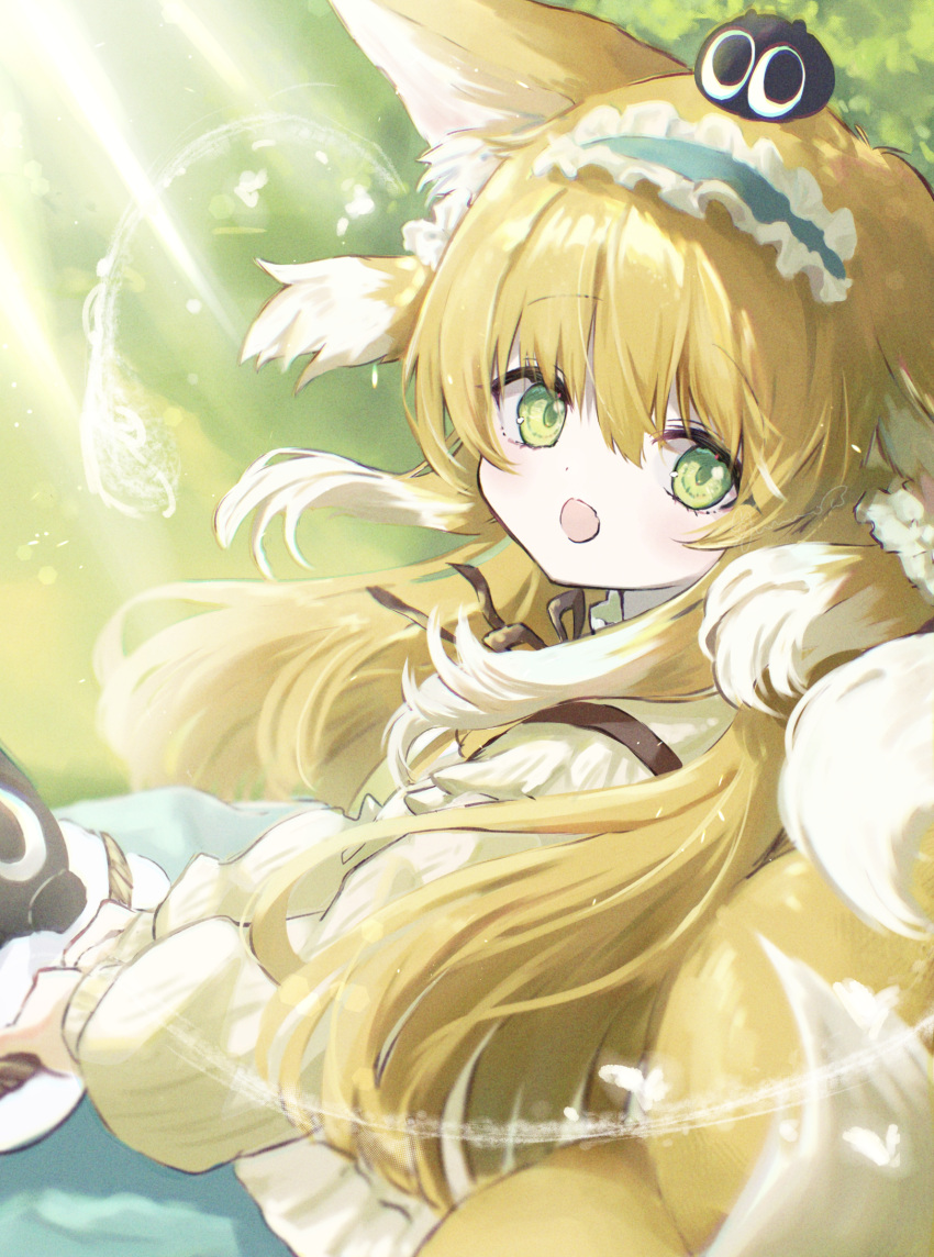 1girl animal_ear_fluff animal_ears arknights basket black_cat blonde_hair blue_hairband blue_skirt cardigan cat commentary crossover fox_ears fox_girl fox_tail frilled_hairband frills from_side green_eyes hair_ornament hair_scrunchie hairband heixiu highres holding holding_basket kitsune kyuubi long_hair long_sleeves looking_at_viewer luoxiaohei multicolored_hair multiple_tails official_alternate_costume on_head open_mouth puffy_long_sleeves puffy_sleeves red_ribbon ribbon scrunchie skirt sleeve_cuffs slime_empire solo suzuran_(arknights) suzuran_(spring_praise)_(arknights) tail the_legend_of_luo_xiaohei two-tone_hair white_hair yellow_cardigan
