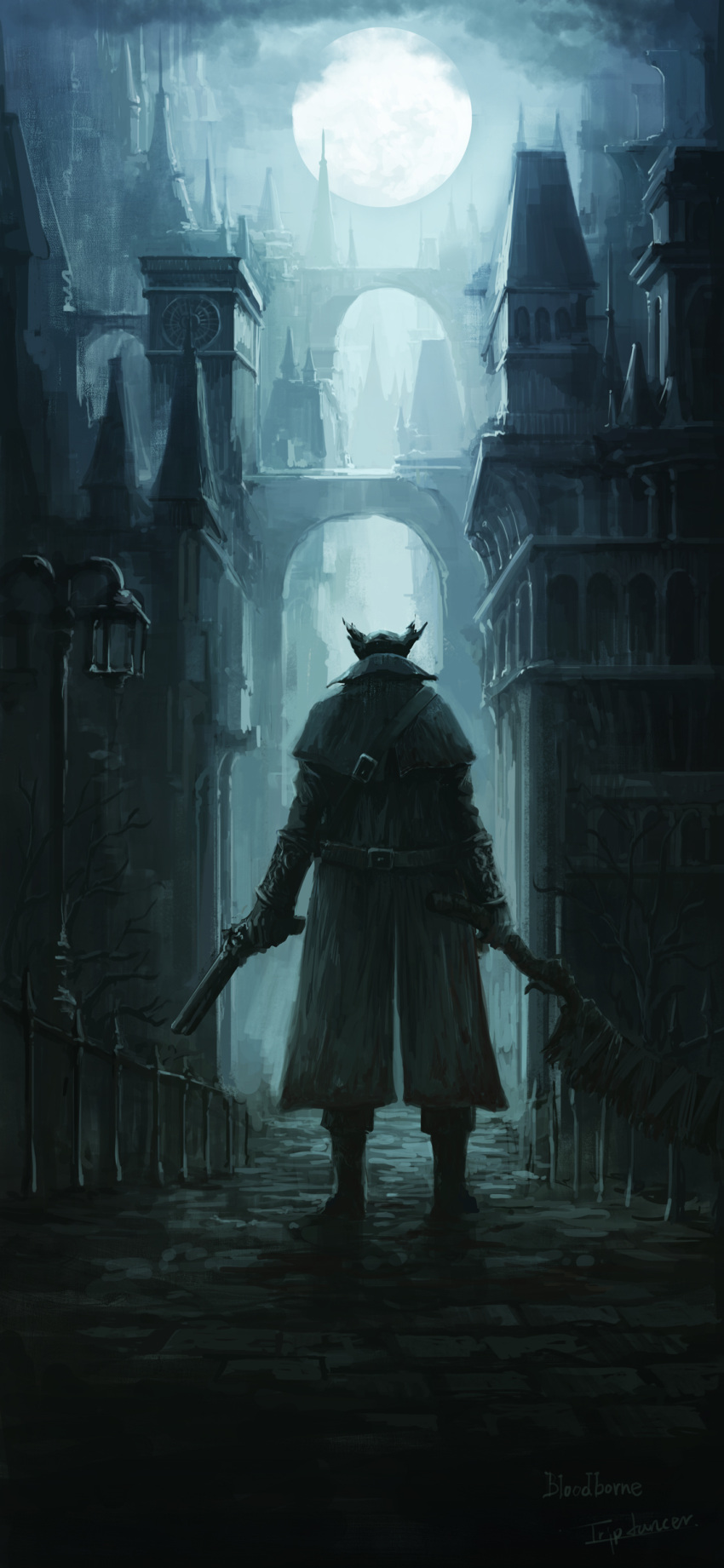 1other absurdres artist_name bloodborne boots bridge city copyright_name from_behind gloves gun handgun hat highres holding holding_gun holding_weapon hunter_(bloodborne) lamppost long_sleeves moon night saw_cleaver solo tricorne tripdancer weapon