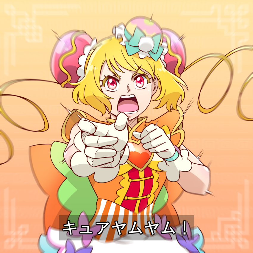 1girl back_bow blonde_hair bob_cut bow brooch bun_cover commentary cure_yum-yum delicious_party_precure dress fighting_stance frown gloves gosei_sentai_dairanger hair_bun hanamichi_ran heart_brooch highres huge_bow jewelry looking_at_viewer open_mouth orange_background orange_bow orange_dress precure red_eyes satou_yasu short_hair sleeveless sleeveless_dress solo super_sentai translated triple_bun upper_body v-shaped_eyes white_gloves yellow_bow