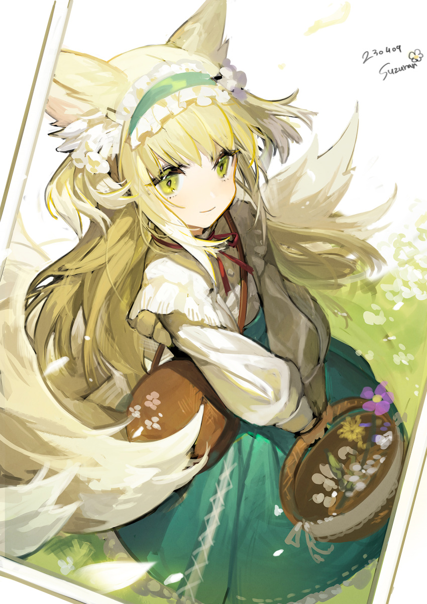 1girl animal_ear_fluff animal_ears aqua_hairband arknights basket blush fox_ears fox_girl fox_tail frills from_above green_eyes hair_rings hairband highres holding holding_basket long_hair looking_at_viewer multiple_tails nahonanaho shirt smile solo suzuran_(arknights) tail white_hair wind