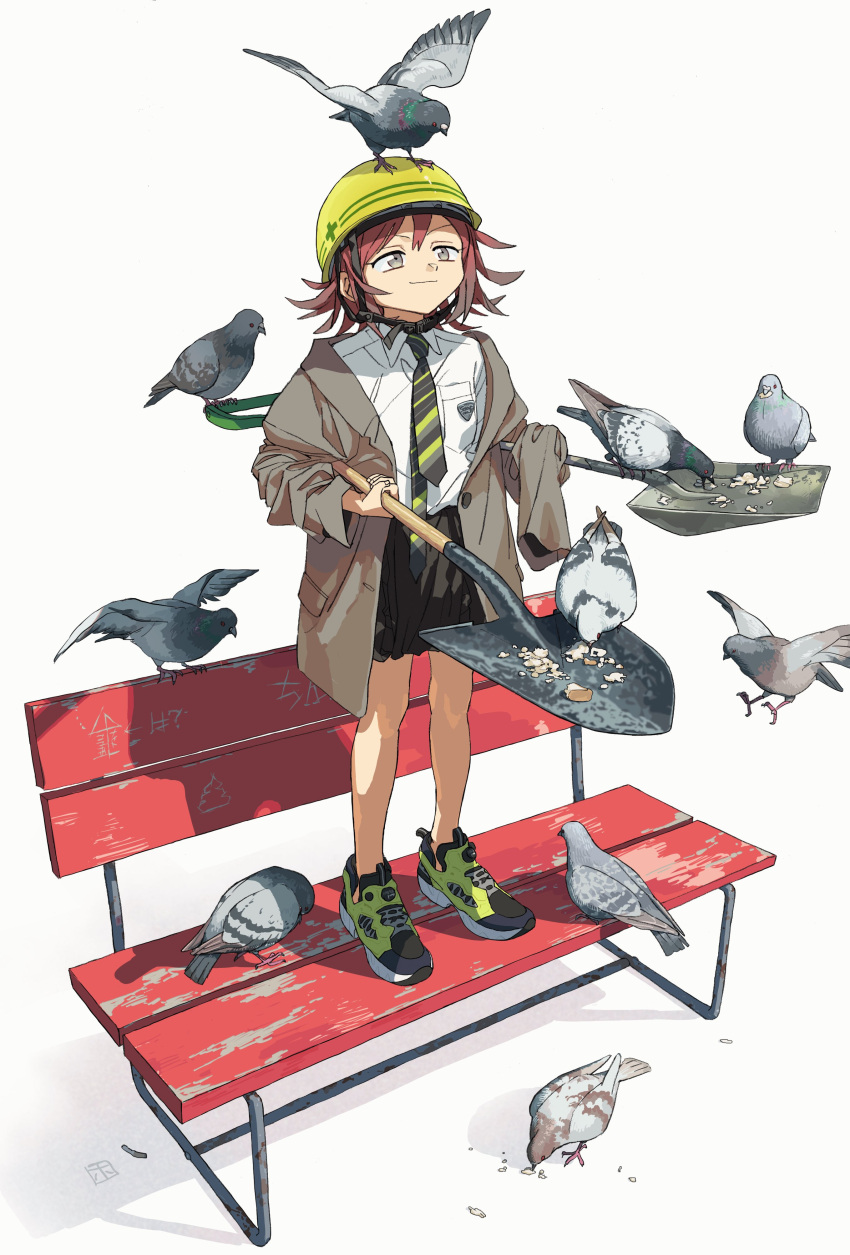 1girl absurdres ai_ai_gasa animal animal_on_head bare_legs bench bird bird_feeding bird_on_head black_footwear black_skirt blue_footwear bread breast_pocket brown_jacket cigarette_butt closed_mouth collared_shirt commentary_request diagonal-striped_necktie dual_wielding feeding food full_body grey_eyes grey_necktie hands_up hardhat helmet highres holding holding_shovel jacket light_smile long_sleeves looking_up mchonmchon medium_hair necktie on_bench on_head orange_hair original oversized_clothes park_bench pigeon pleated_skirt pocket shirt shoes shovel simple_background skirt sleeves_past_wrists sneakers solo standing translation_request v-shaped_eyebrows white_background white_shirt wooden_bench yellow_footwear yellow_headwear