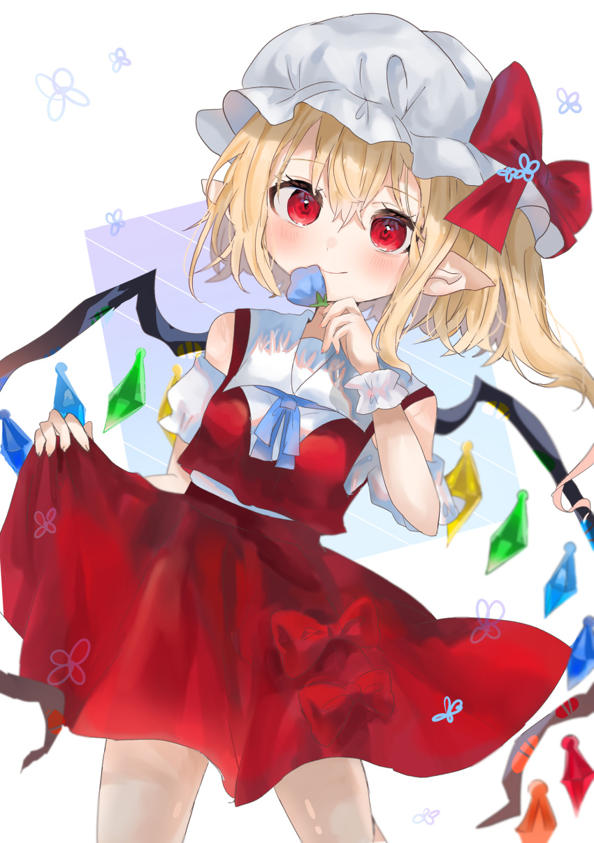 1girl adapted_costume bare_shoulders blonde_hair blue_flower bow breasts clothes_lift crystal flandre_scarlet flower flower_request hat highres holding holding_flower legs_apart lifted_by_self mob_cap petite pointy_ears ramochi red_eyes red_skirt skirt skirt_hold skirt_lift small_breasts solo touhou white_headwear wings