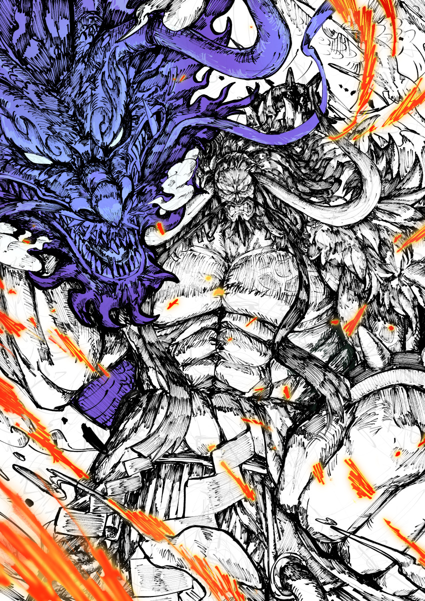 1boy absurdres angry armlet beard black_hair curled_horns dragon eastern_dragon facial_hair fighting_stance fire fur_coat highres horns kaidou_(one_piece) large_pectorals long_hair looking_at_viewer male_focus messy muscular muscular_male mustache one_piece partially_colored pectorals rope satomaru31000 shimenawa sketch spiked_armlet teeth topless_male traditional_media