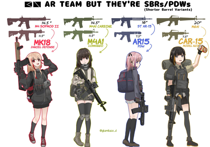 4girls aged_down ar-15 assault_rifle car-15 dgkamikaze english_text girls_frontline gun highres holding holding_gun holding_weapon m16a1_(girls'_frontline) m4_carbine m4_sopmod_ii_(girls'_frontline) m4a1_(girls'_frontline) mk_18_carbine mug_root_beer multiple_girls rifle st_ar-15_(girls'_frontline) twitter_username weapon white_background