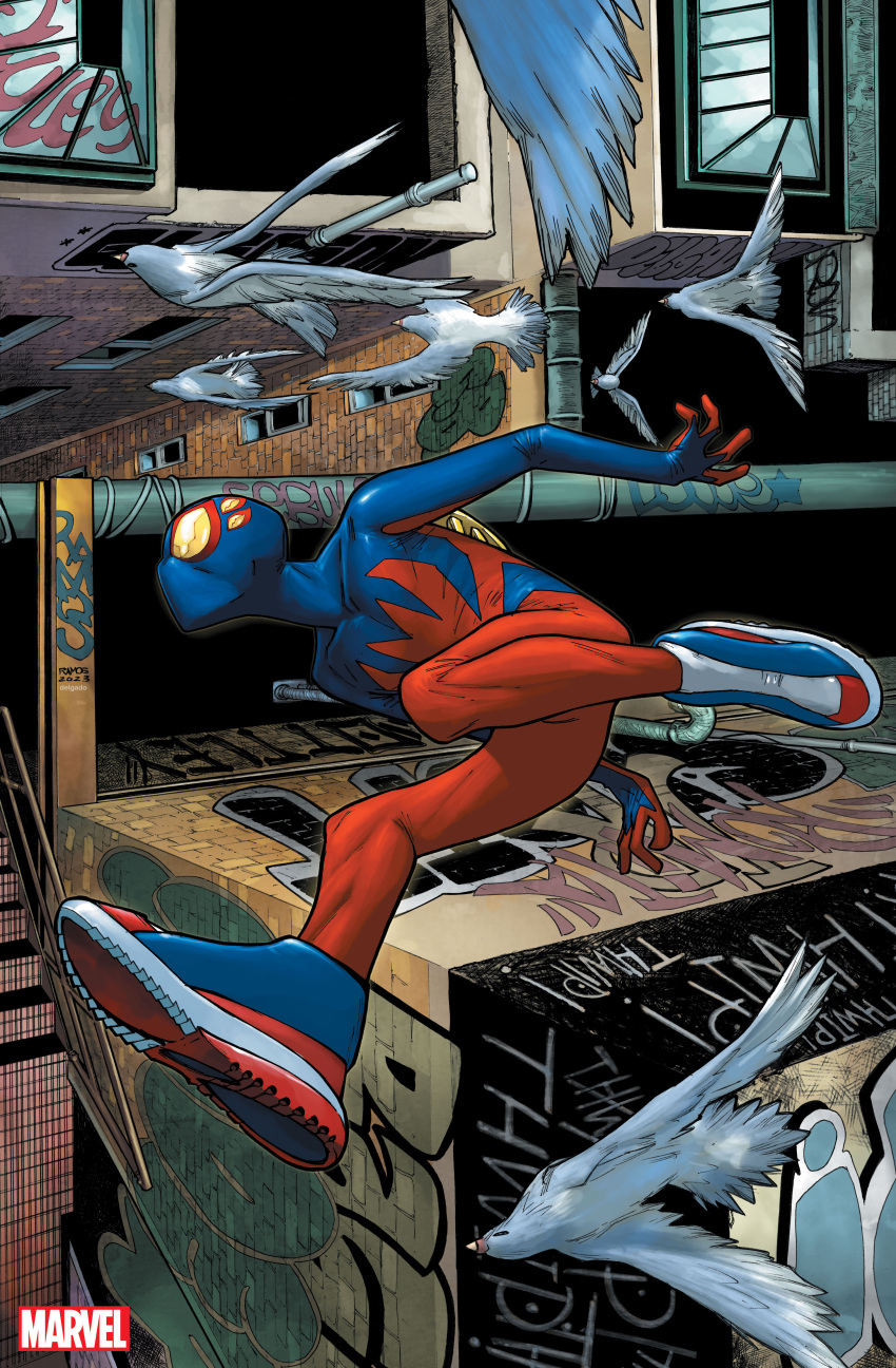 1boy absurdres bird comic_cover dated english_commentary from_above graffiti highres humberto_ramos jumping looking_to_the_side male_focus marvel official_art pigeon rooftop second-party_source signature solo spandex spider-boy_(spider-man) spider-man:_into_the_spider-verse spider-man_(series) superhero western_comics_(style)