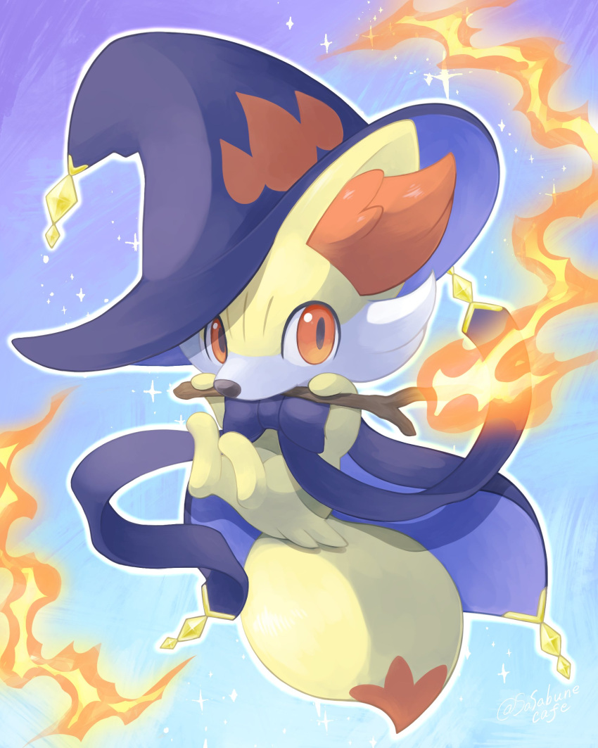 absurdres artist_name blue_background blue_ribbon commentary fennekin fire full_body hat highres holding holding_stick legs_up looking_at_viewer orange_eyes pokemon pokemon_(creature) ribbon sasabunecafe solo sparkle_background stick twitter_username witch_hat
